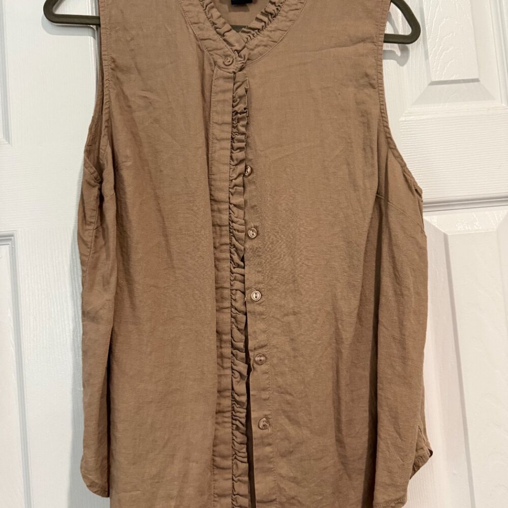 Cynthia Rowley Linen Blend Sleeveless Ruffle Collar Top Tan XL - Picture 2 of 4